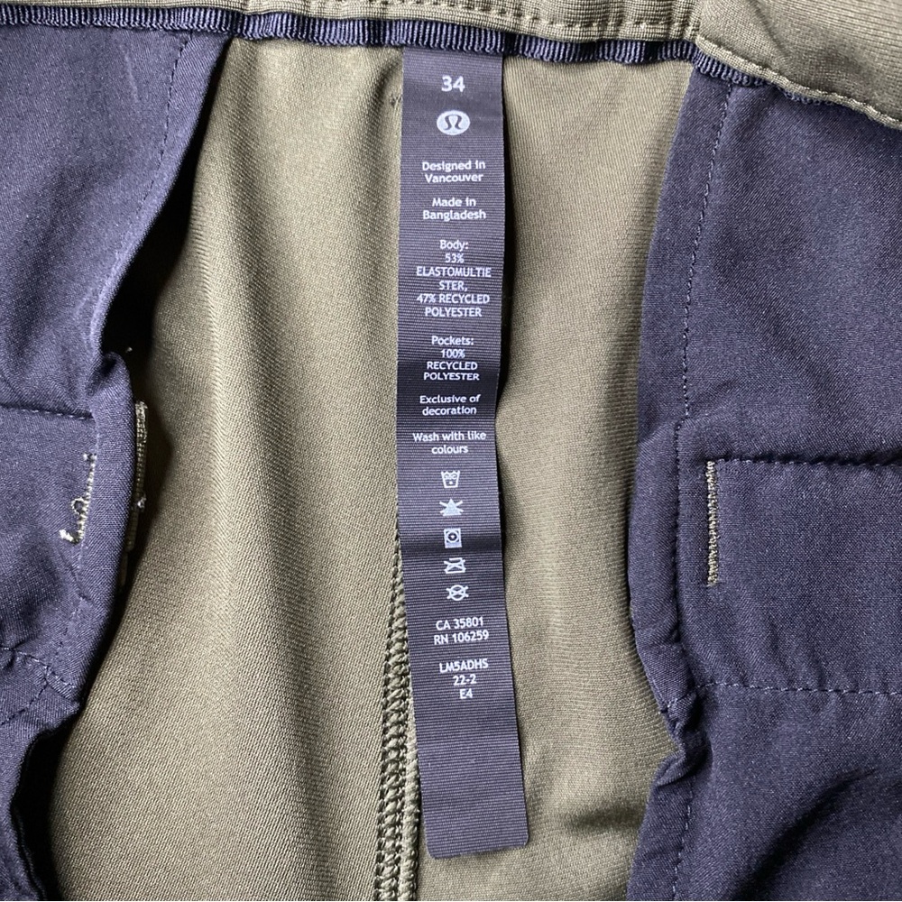 Lululemon Commission Mens Green Pants Size 34 Stretch Chino LM5ADHS - Picture 2 of 3